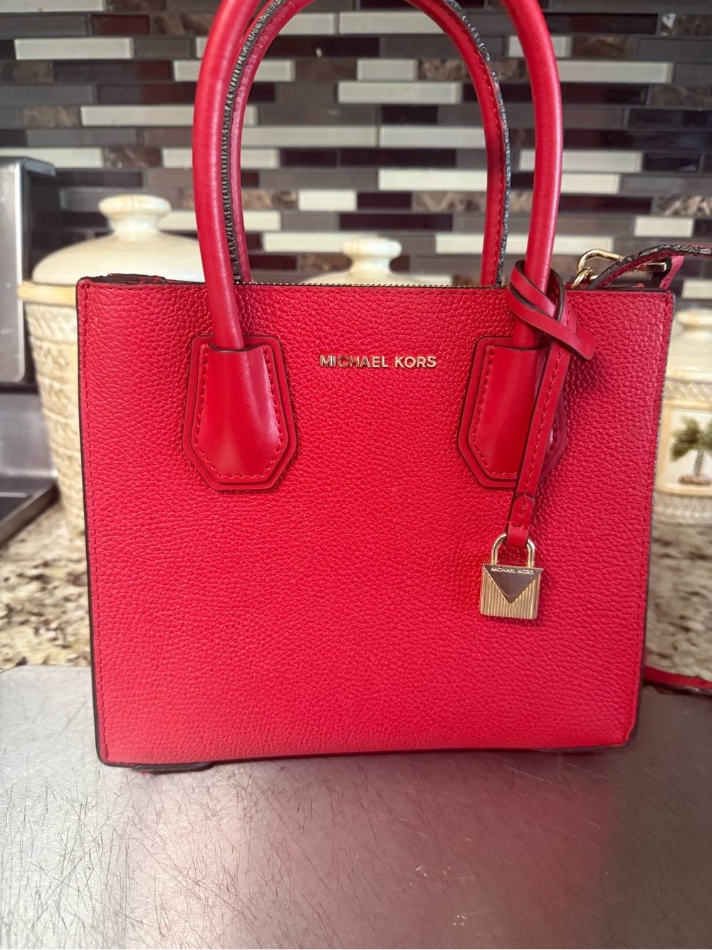 Michael Kors Red Pebbled Leather Satchel with Gold Charm